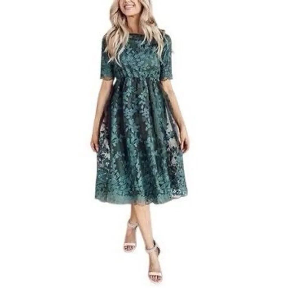 Jessakae Eve Wintergreen Embroidered Dress Sz XS Old Money, Elegant, Cocktail